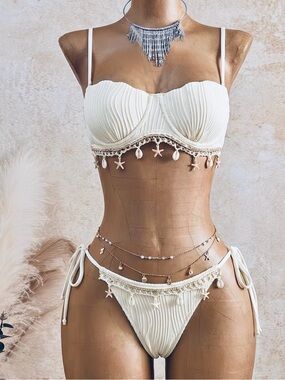 🏝️ 2 Pc Ocean Chiccia Summer White Scallop Shell Trim Bikini – Coastal Tie Side